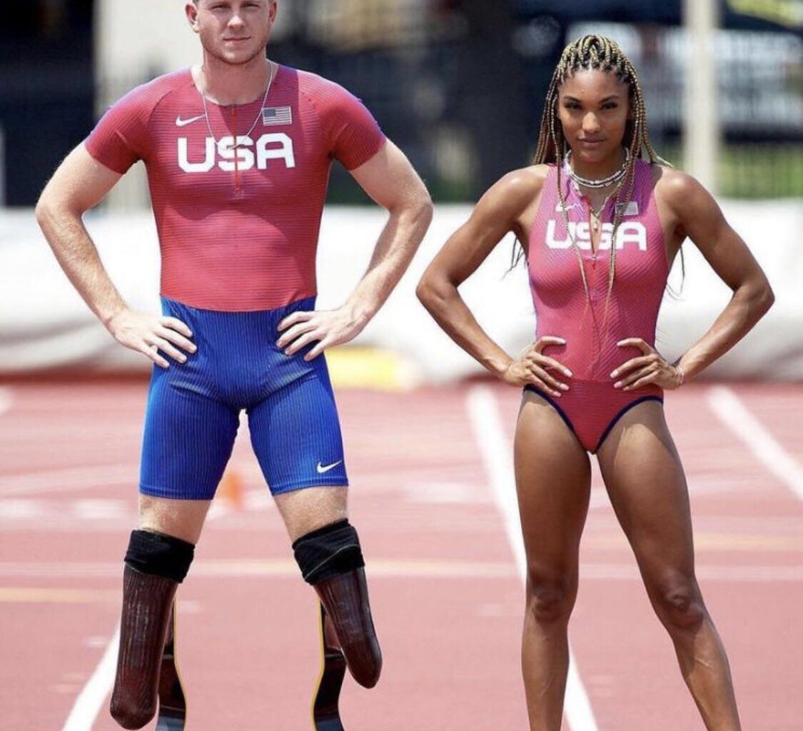 Olympic long jump gold medalist Tara Davis-Woodhall and her husband Hunter Woodhall 🇺🇸