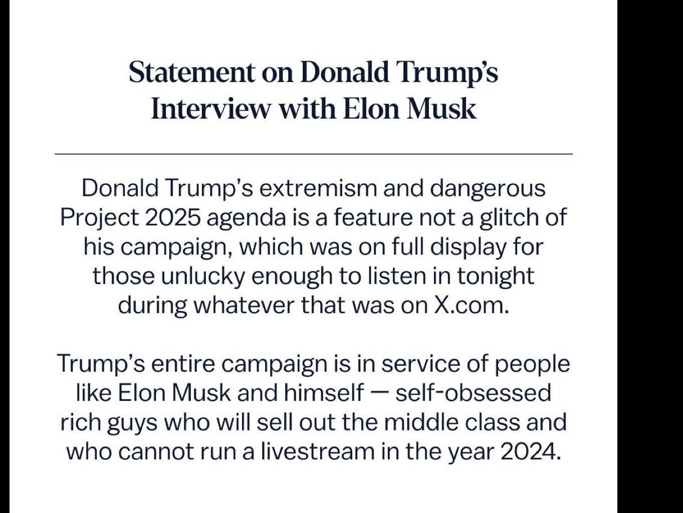 Statement From Kamala HQ About the Donald Trump Interview With Elon Musk