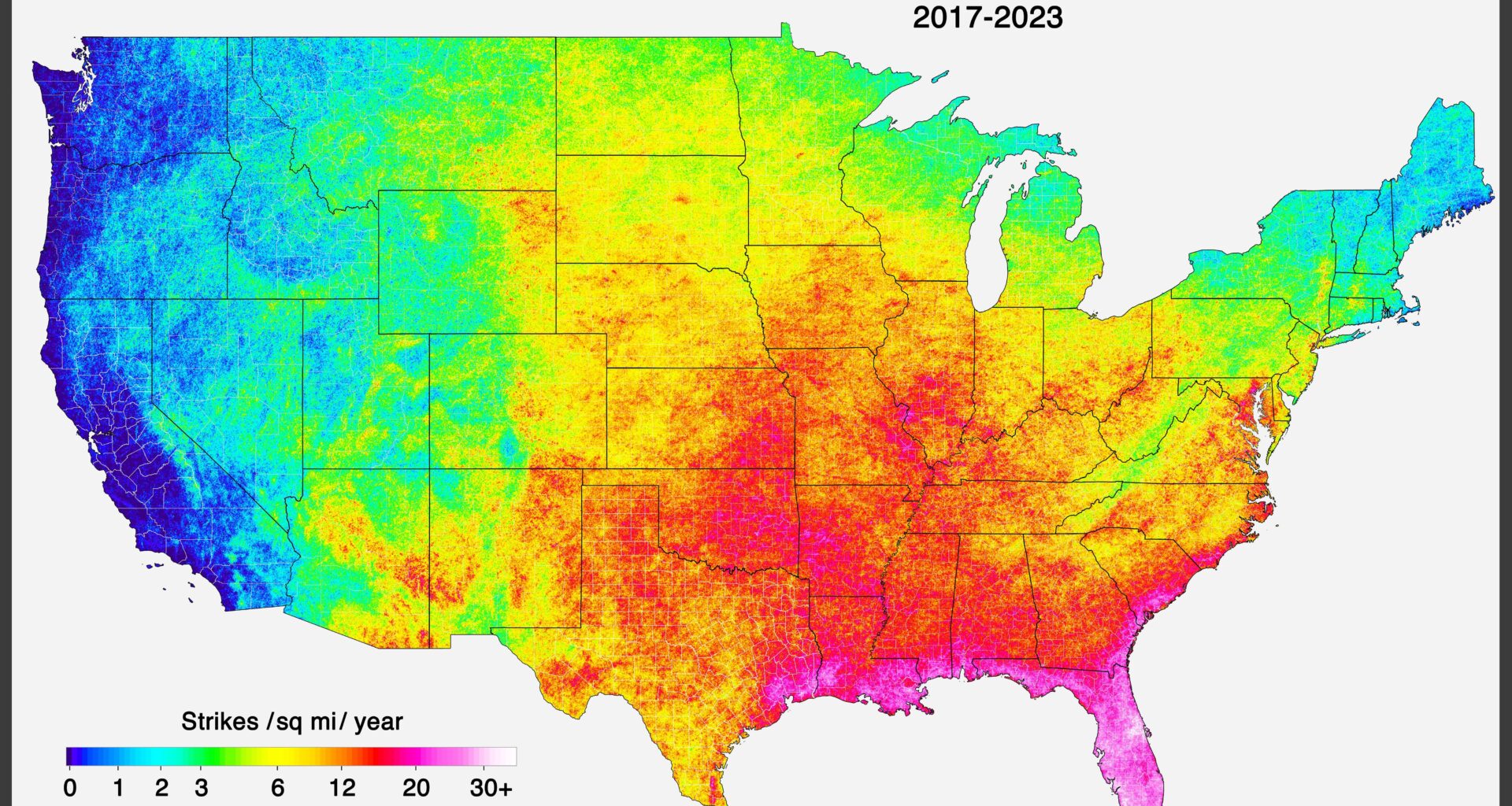 [OC] U.S. Annual Mean Lightning Strike Density (this took me a long time)