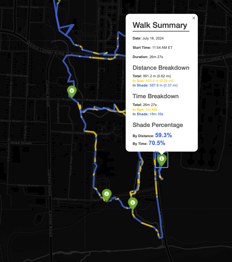 [OC] I mapped the shady spots on my dog walks - website in comments