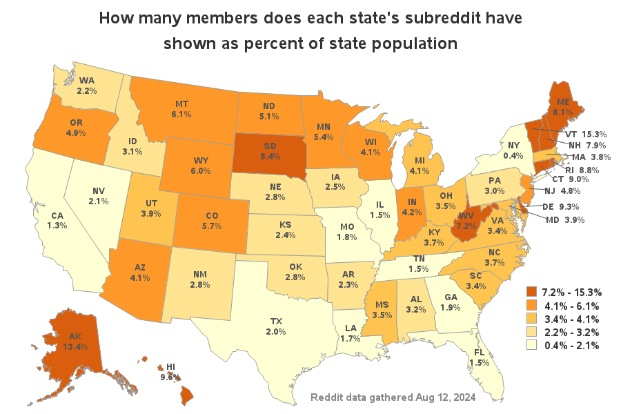 [OC] State subreddit membership, as a percent of state population