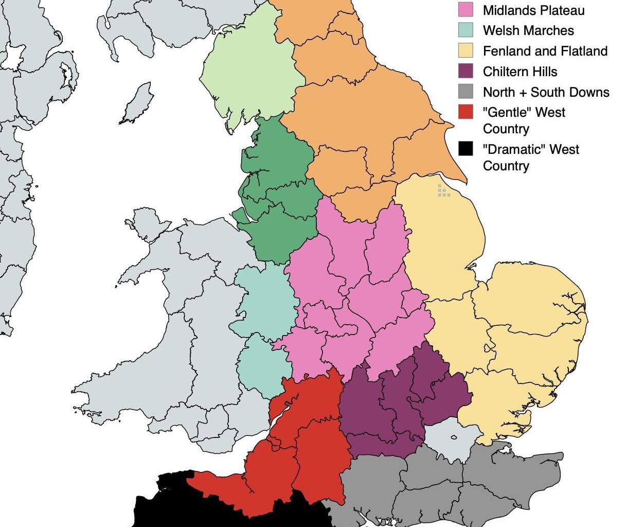 England if its regions were based solely on physical geography. Note- this is a simplified map and obviously doesn't go into the finer details of England's geography. The format also meant I had to stick to established county lines so places like High Peak and Exmoor are outliers.