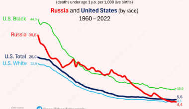 Infant mortality rate (deaths under age 1 per 1,000 live births) in Russia and United States (by race), 1960 — 2022 [OC]