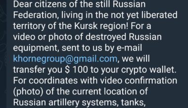 Khorne Group is offering Russian Citizens in the Kursk region $100 for pictures of destroyed Russian equipment / BDA and $1000 for video of current equipment or troop locations.