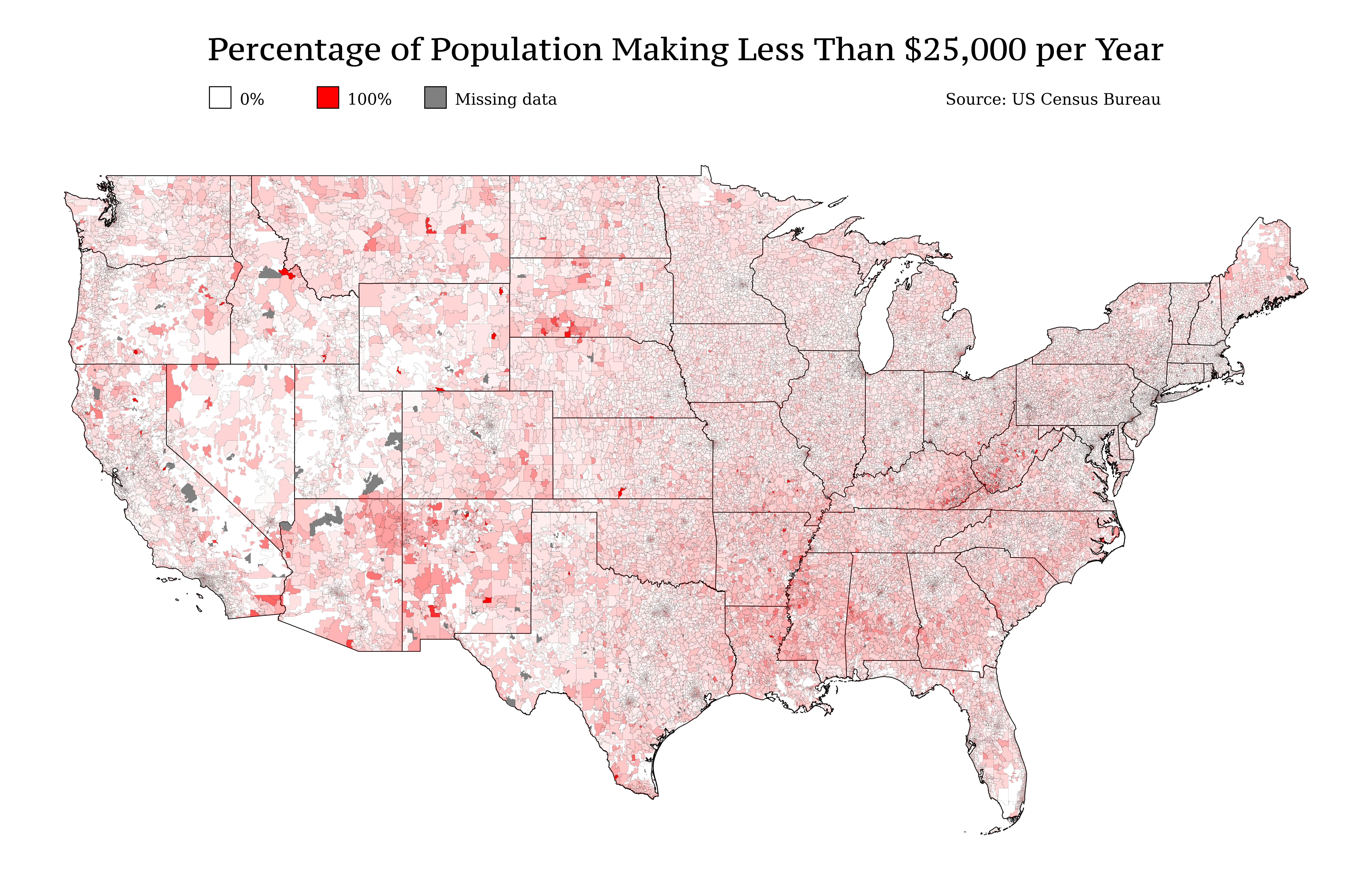 [OC] Percentage of Population Making Less Than $25,000 per Year (US Zip Codes)