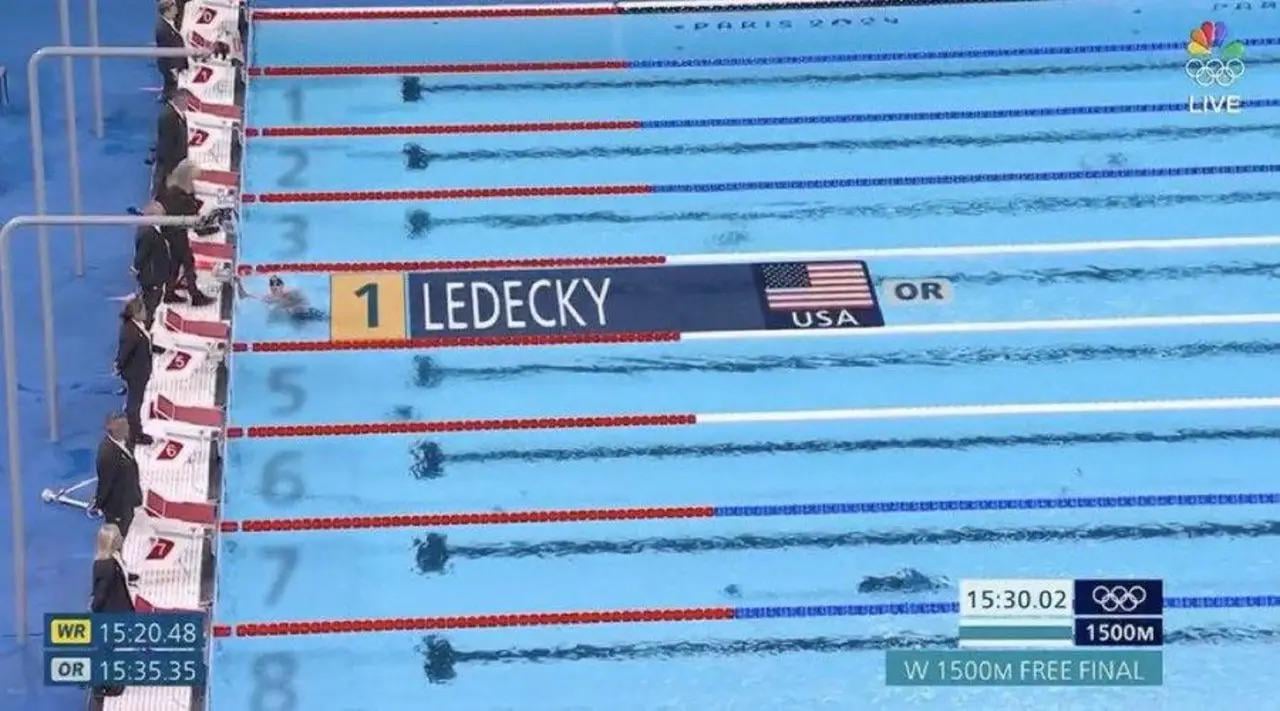 Here is the finishing photo of Katie Ledecky today. She’s all by herself. Mind blowing.