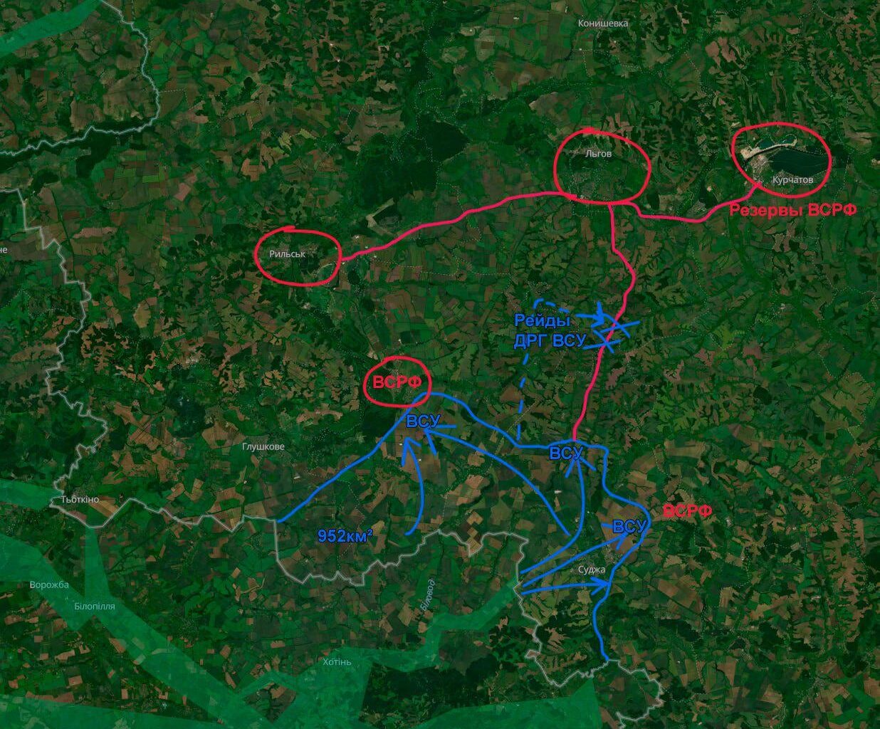 Current situation in Kursk region reported by Russian Telegram channel. AFU controls nearly 1000km²