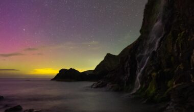 Monday nights Aurora glow from Tresaith Waterfall. West Wales.