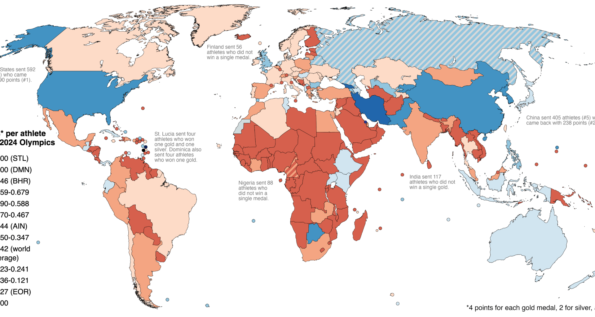 [OC] "ROI" of each country at the 2024 Olympics—athletes sent vs. weighted medals won