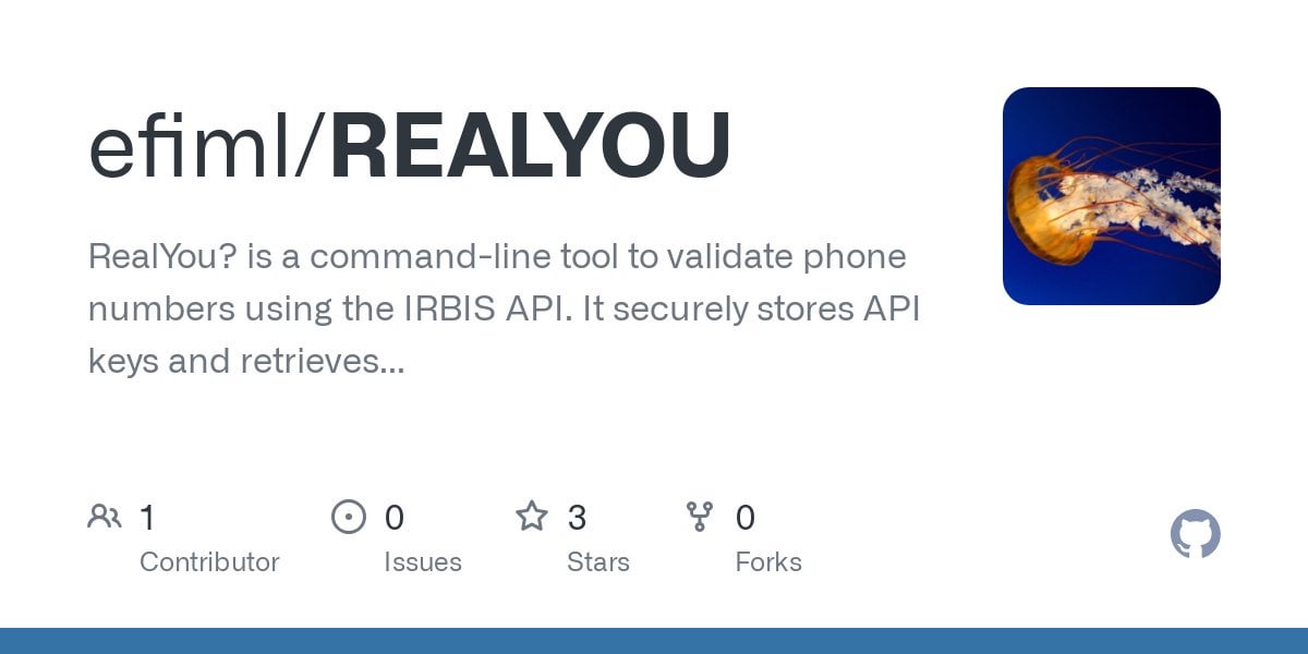 GitHub - RealYou? is a command-line tool to validate phone numbers using the IRBIS API. It securely stores API keys and retrieves detailed information about phone numbers.