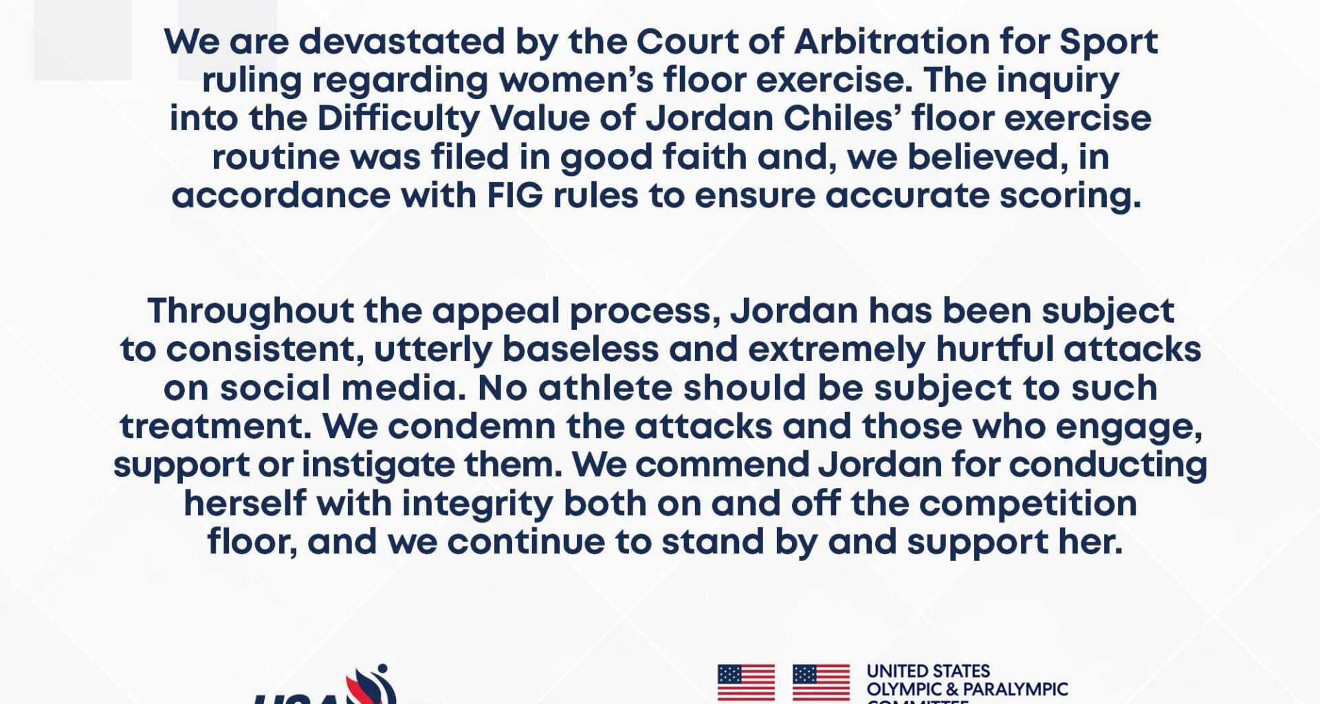 USA Gymnastics and the U.S. Olympic & Paralympic Committee have released a joint statement regarding the CAS decision on the women’s floor final.