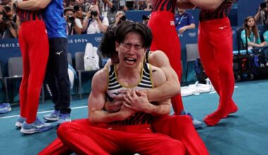 Kazuma Kaya of Japan is overwhelmed as he celebrates winning gold in the men’s artistic gymnastics final.