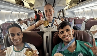 Algerian medallists Imane Khelif, Kaylia Nemour, Djamel Sedjati in one picture.