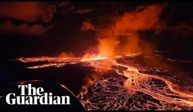 Aerial shots show lava and smoke erupting from volcano in Iceland