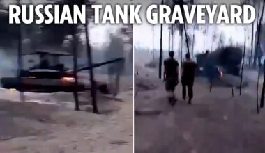 Shell-shocked Russian troops walk through TANK GRAVEYARD after Ukrainian strike destroys base