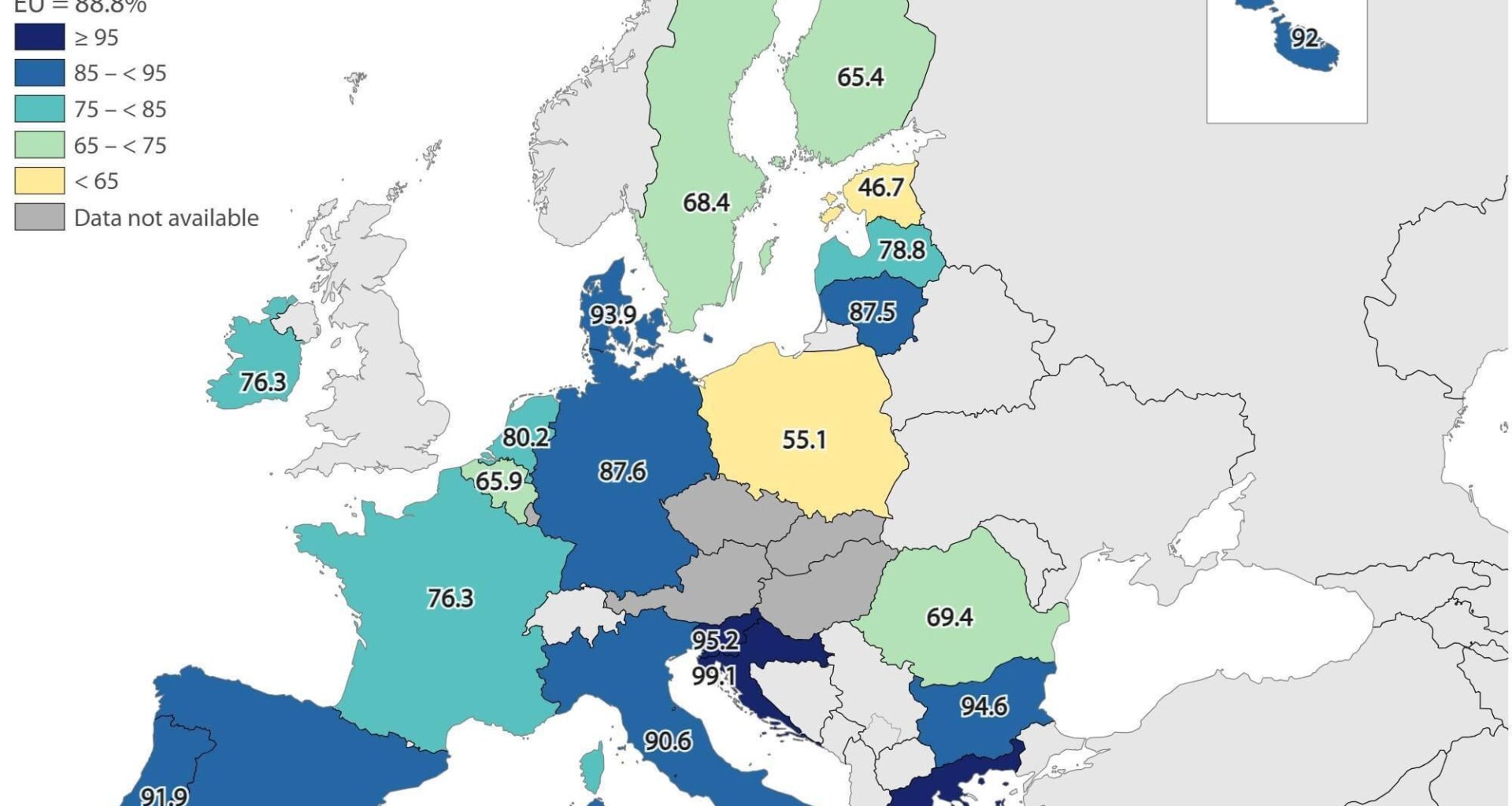 Coastal bathing sites with excellent water quality in the EU, 2023