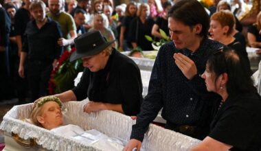 Ukrainian heartbroken father and husband Yaroslav, at the funeral of his family that were killed by the Russian missile strike on Lviv - Wife and mother Yevheniia and her three daughters - Yaryna, Dariia and Emilia.