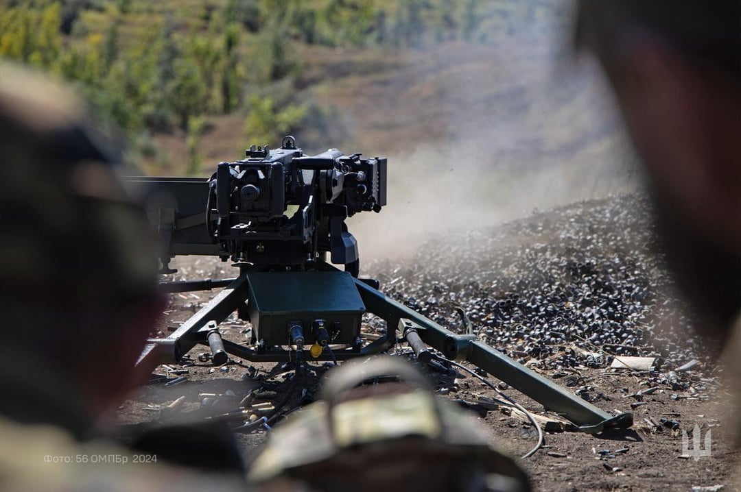 M2 Browning heavy machine gun (HMG) on a remote control device - being tested by soldiers from the 56th Motorized Brigade, of the Ukrainian Army - September 2024.