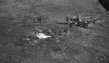 USAAF B-24 Liberators bombing the Hatvan railway station in Hungary. 1944