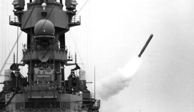 A BGM-109 Tomahawk land attack missile (TLAM) is fired toward an Iraqi target from the battleship USS Missouri (BB-63) at the start of Operation Desert Storm. January 17, 1991.