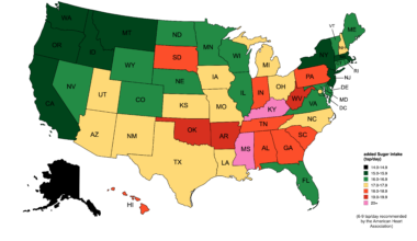 [OC] Each U.S. state's estimated daily sugar intake