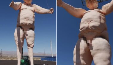 Sombody in Las Vegas built a 43 foot-tall statue of a naked Donald Trump and titled it "Crooked and Obscene"