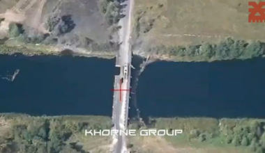 Drone footage by the Ukrainian "Khorne group" shows another attack on a Russian bridge over the Seym river. Near Karyzh, Kursk Oblast, Russia.