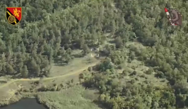 Drone footage provided by the Ukrainian 45th Artillery Brigade is showing an M142 HIMARS attack on Russian troops in Luhanks Oblast.