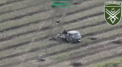 Ukrainian 68th Jaeger Brigade's drone pilot flew a FPV kamikaze drone into Russian infantry sitting in the back of a mini pickup truck, parked in a field. Published September 6, 2024