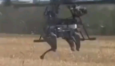 Airlift of "robot dog" ground drone by large bomber drone