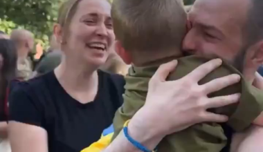 A recently released Ukrainian prisoner of war gets to meet his wife and son again for the first time in years.