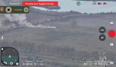 Drone footage of another Russian armored assault which stops after the lead vehicle, equipped with a mine roller, drives straight into a Ukrainian minefield and explodes.