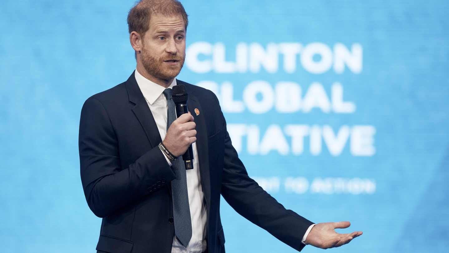 Prince Harry, Duke of Sussex, speaks about the impact of social media on children's mental health at the Clinton Global Initiative in New York City.