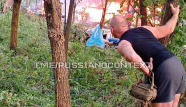 A Russian serviceman evaluates the results of the Ukrainian dragon drone's work in the Kursk region.