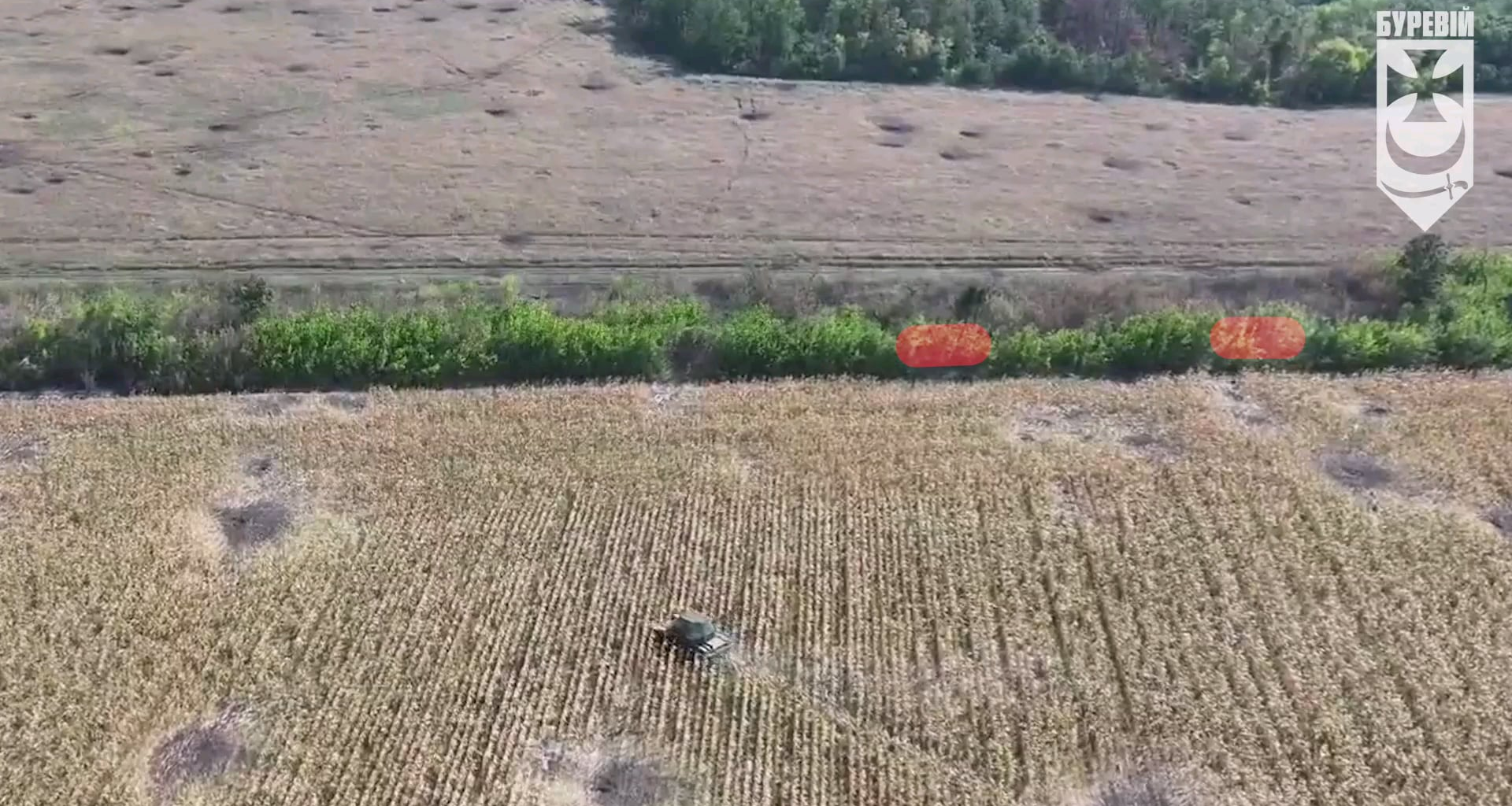 Crew of Ukrainian T-64 tank equipped with anti-drone protection fires at a tree line where Russian troops were seen trying to advance using the cover of vegetation. Bureviy Brigade, published on September 14, 2024