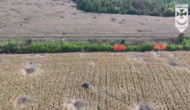 Crew of Ukrainian T-64 tank equipped with anti-drone protection fires at a tree line where Russian troops were seen trying to advance using the cover of vegetation. Bureviy Brigade, published on September 14, 2024