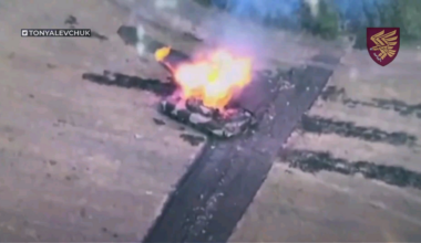 burning Russian T-90M "Breakthrough" that tried to fire on Ukrainian positions in the Kursk region