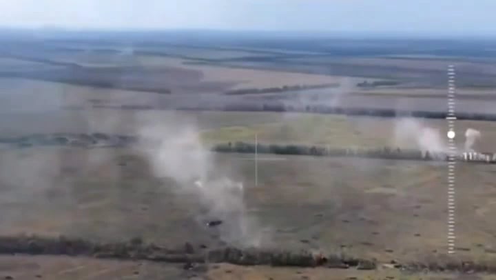 Scenes of a Russian assault near Marinka / Pobjeda, their vehicles try to advance while Ukrainian artillery hits next to them, one vehicle manages to dismount some soldiers [September 2024]