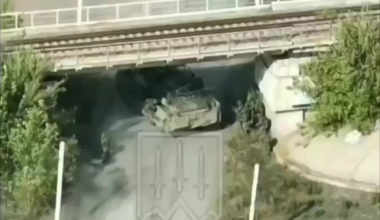 Pokrovsk direction. Tank of 15 brigade "Kara-Dag" of National Guard of Ukraine hits russian BTR-82A and dismounting russian infantry. Music from source.