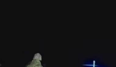 Night-time footage of Ukrainian mobile air-defense teams shooting down an Iranian Shahed-136 drone.