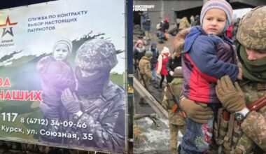 Russian recruitment poster shows a Ukrainian soldier holding an infant