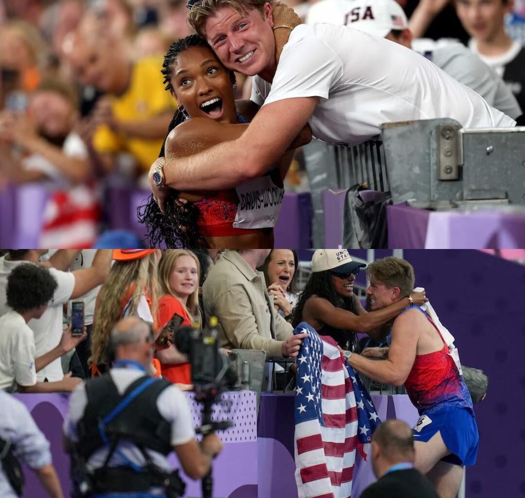 Track & Field power couple Tara Davis-Woodhall & Hunter Woodhall after becoming gold medalists at their respective 2024 Paris Olympic & Paralympic Games.