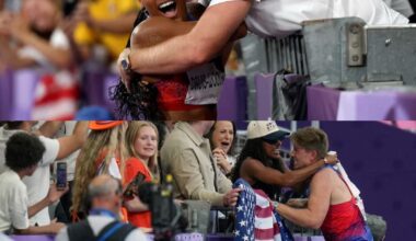 Track & Field power couple Tara Davis-Woodhall & Hunter Woodhall after becoming gold medalists at their respective 2024 Paris Olympic & Paralympic Games.