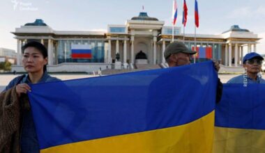 Mongolian citizens show their solidarity with Ukraine, outside the state Palace in the capital city of Ulaanbaatar, as Putin arrived in the country. September 2024