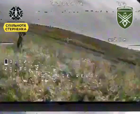 Ukrainian 68th Jaeger Brigade's "Dovbush's Hornets" drone team targeted a pair of Russian soldiers with FPV strike drones. The first Russian hides and cleverly diverts the drone pilot's attention onto a comrade, but ultimately he was taken out by another drone.