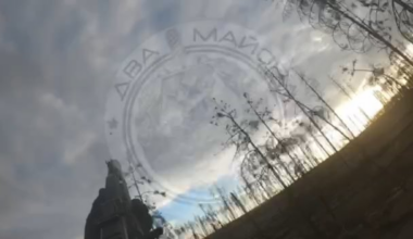 GoPro POV of two Russian soldiers riding a quad, they are hit (mine?) and forced to leave the vehicle, then an FPV drone starts flying overhead a few times before it hits nearby after they fail to shoot it down, then they start running, Kupyansk direction