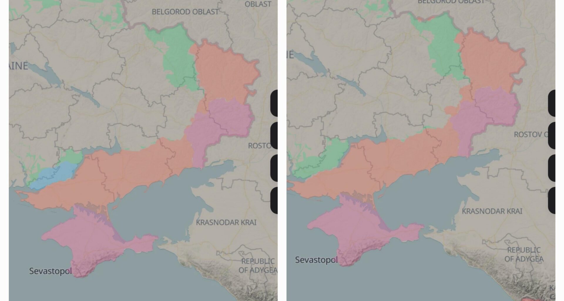 Russian occupied areas November 12th,2022 (left)vs September 3rd,2024 (right). Russia has lost more than 500k troops between the two dates.