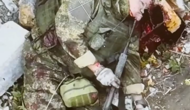 A russian invader filmed shortly after he shot himself. [Graphic]