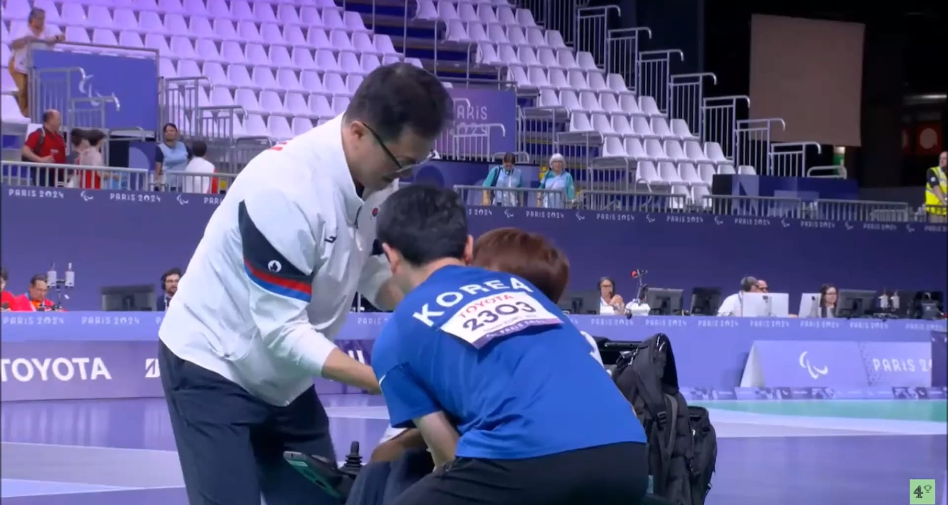 Jeong Howon from South Korea celebrates his gold medal in Boccia (BC3 men's division) with his ramp operator and coach!