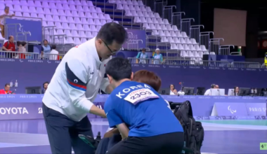 Jeong Howon from South Korea celebrates his gold medal in Boccia (BC3 men's division) with his ramp operator and coach!